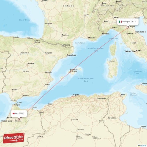 Bologna - Fes direct flight map