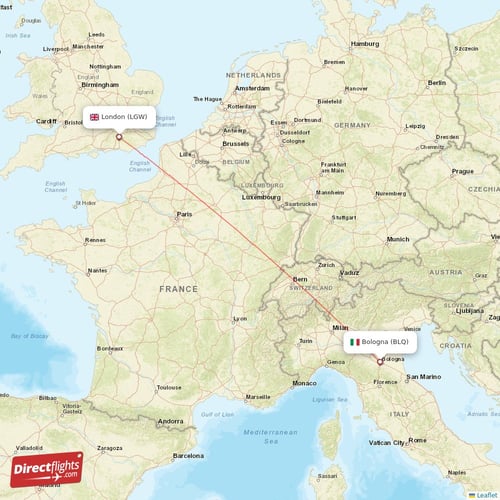 Bologna - London direct flight map
