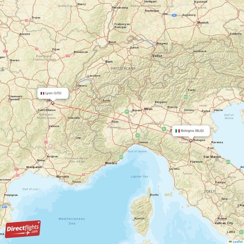 Bologna - Lyon direct flight map