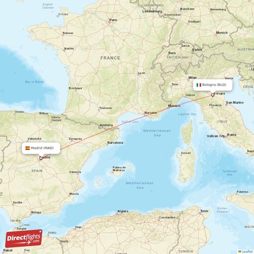 Bologna - Madrid direct flight map