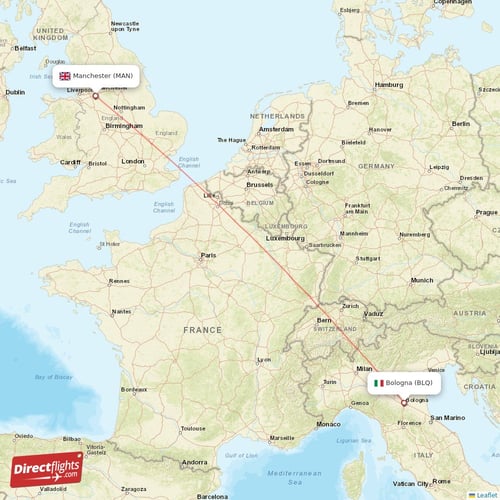 Bologna - Manchester direct flight map
