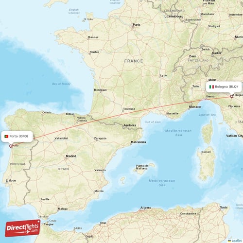 Bologna - Porto direct flight map
