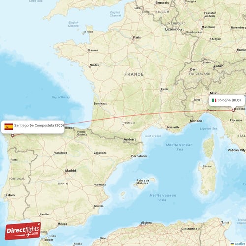 Bologna - Santiago De Compostela direct flight map