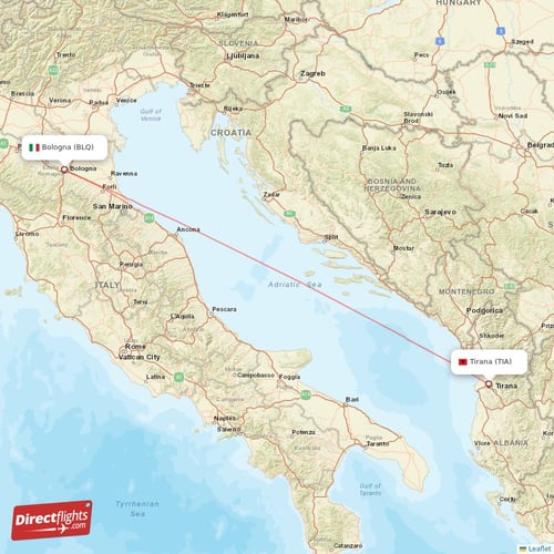 Bologna - Tirana direct flight map