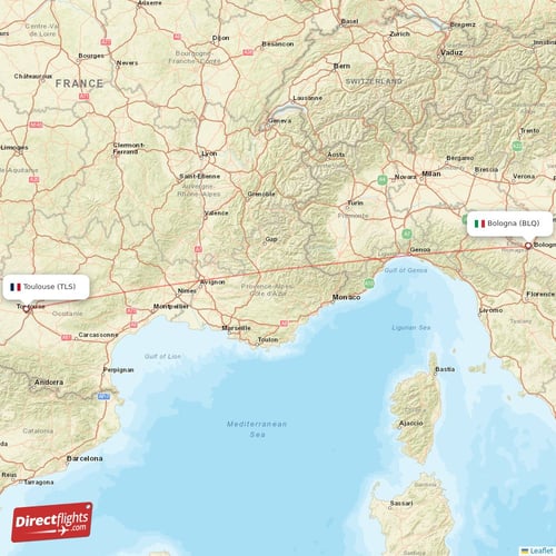 Bologna - Toulouse direct flight map