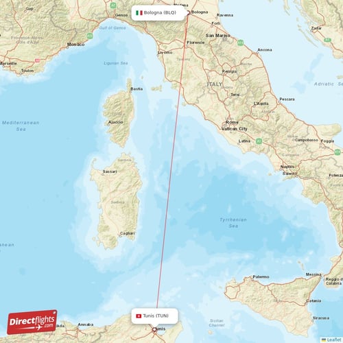 Bologna - Tunis direct flight map
