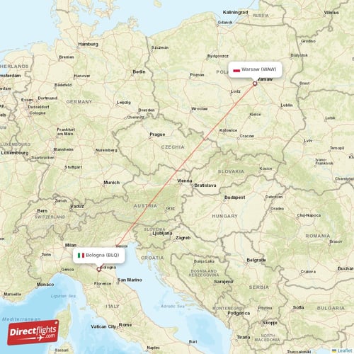 Bologna - Warsaw direct flight map