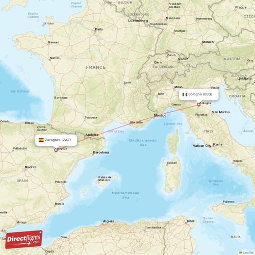 Bologna - Zaragoza direct flight map