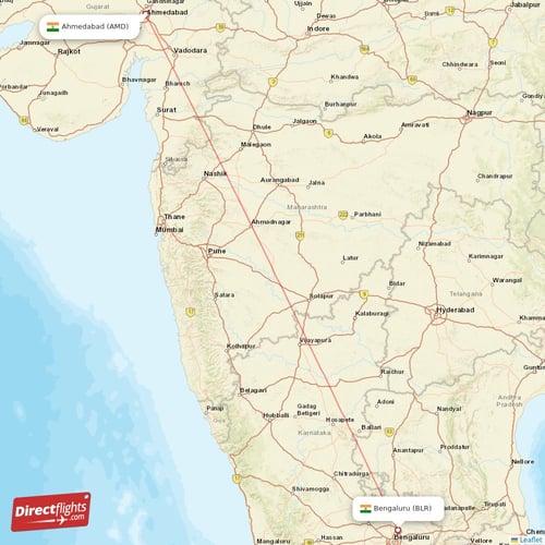 Bengaluru - Ahmedabad direct flight map