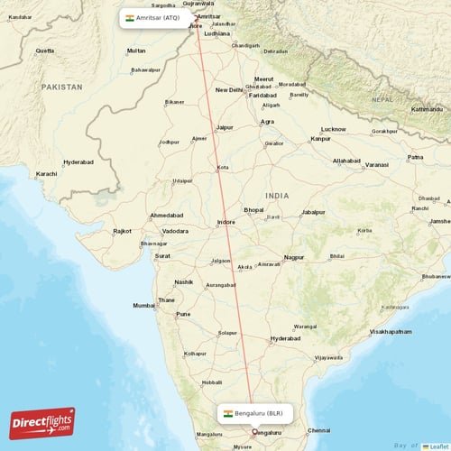 Bengaluru - Amritsar direct flight map