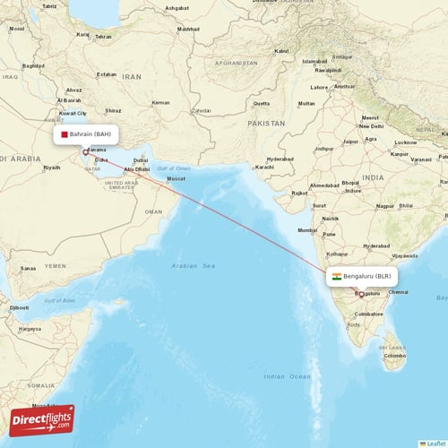 Bengaluru - Bahrain direct flight map