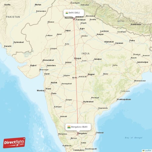 Bengaluru - Delhi direct flight map