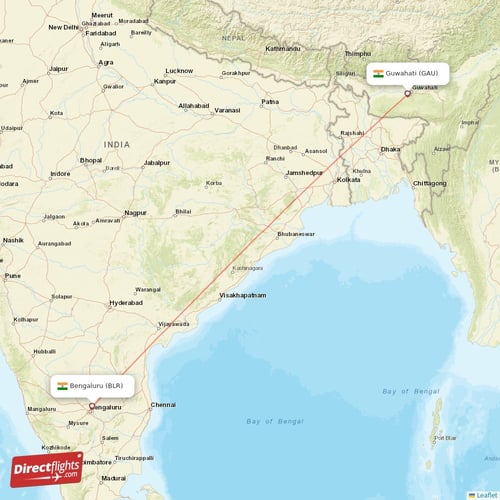 Bengaluru - Guwahati direct flight map