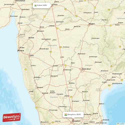 Bengaluru - Indore direct flight map