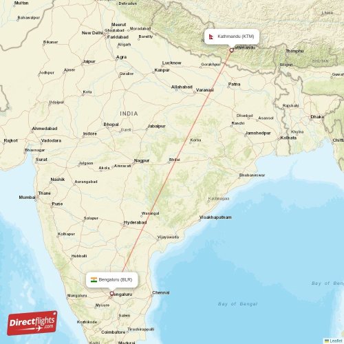 Bengaluru - Kathmandu direct flight map