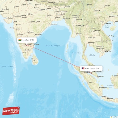 Bengaluru - Kuala Lumpur direct flight map
