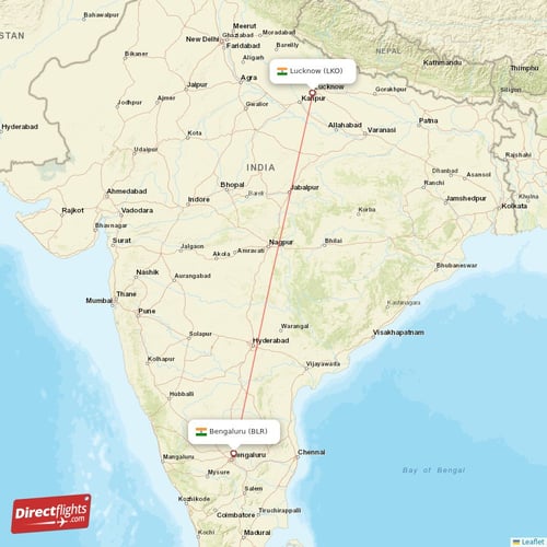 Bengaluru - Lucknow direct flight map