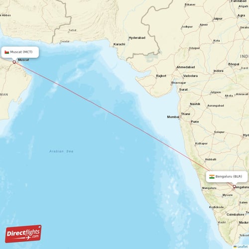 Bengaluru - Muscat direct flight map