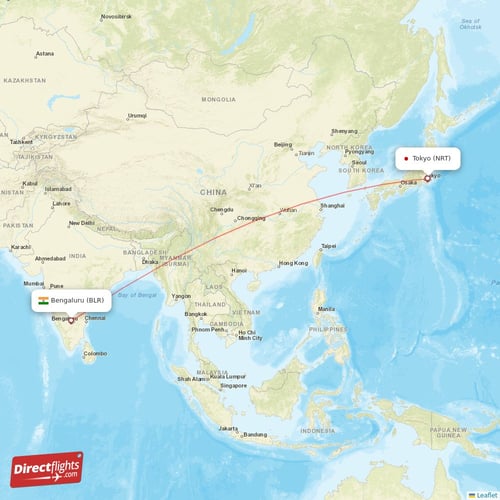 Bengaluru - Tokyo direct flight map
