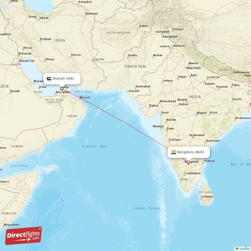 Bengaluru - Sharjah direct flight map