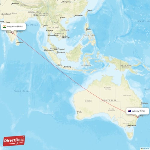 Bengaluru - Sydney direct flight map