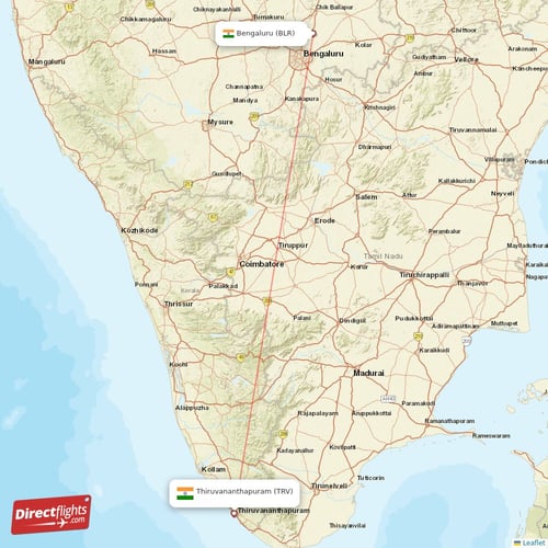 Bengaluru - Thiruvananthapuram direct flight map