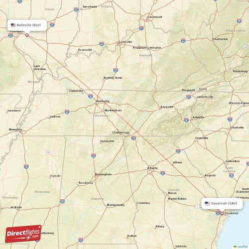 Belleville - Savannah direct flight map