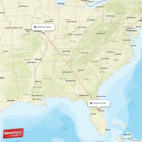 Belleville - Orlando direct flight map