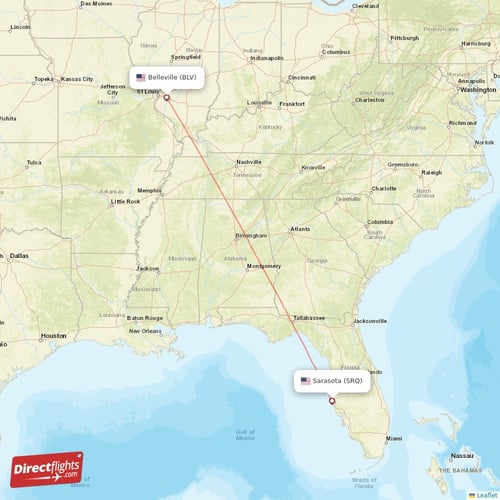 Belleville - Sarasota direct flight map