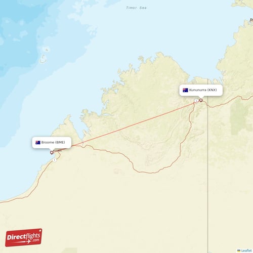 Broome - Kununurra direct flight map