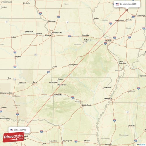 Bloomington - Dallas direct flight map