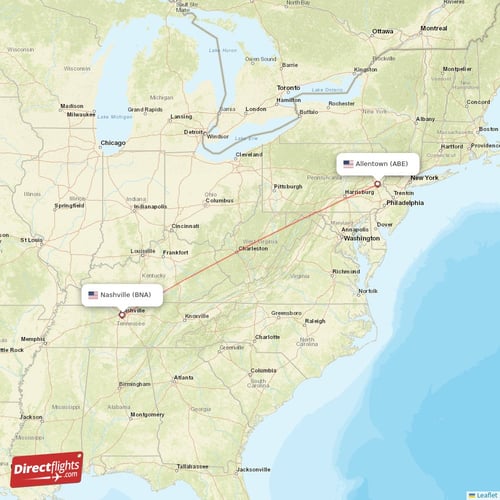 Nashville - Allentown direct flight map