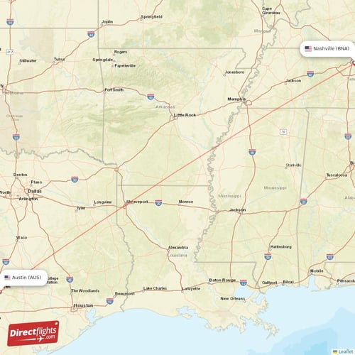 Nashville - Austin direct flight map