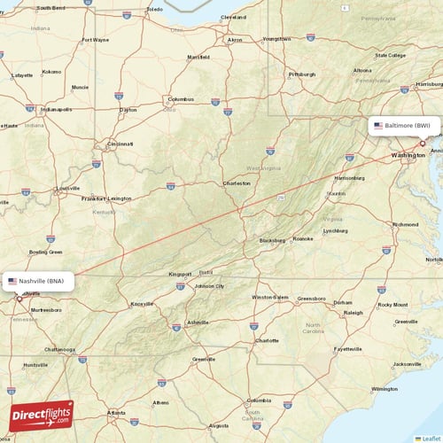 Nashville - Baltimore direct flight map