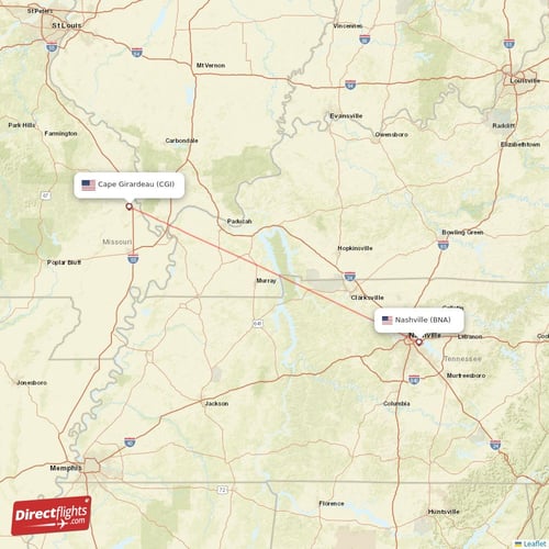 Nashville - Cape Girardeau direct flight map