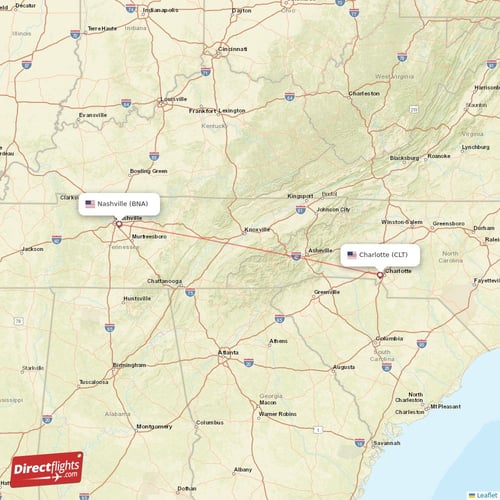 Nashville - Charlotte direct flight map