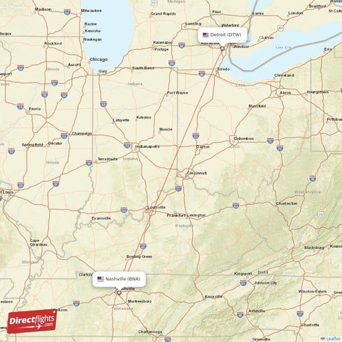 Nashville - Detroit direct flight map