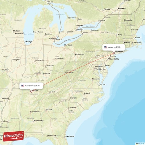 Nashville - New York direct flight map