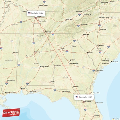 Direct flights from Nashville to Gainesville, BNA to GNV nonstop