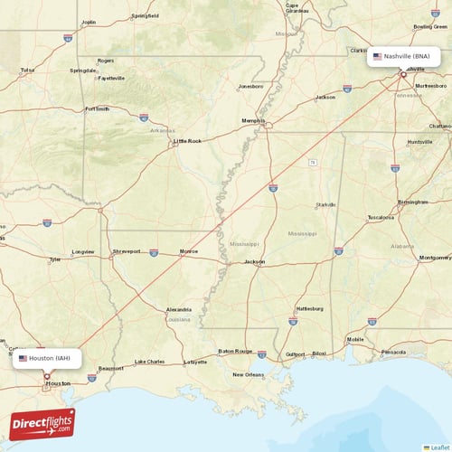 Nashville - Houston direct flight map