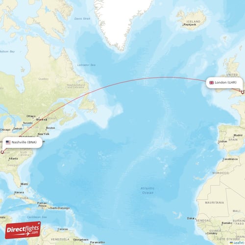 Nashville - London direct flight map