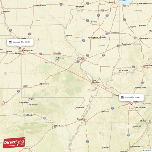 Nashville - Kansas City direct flight map