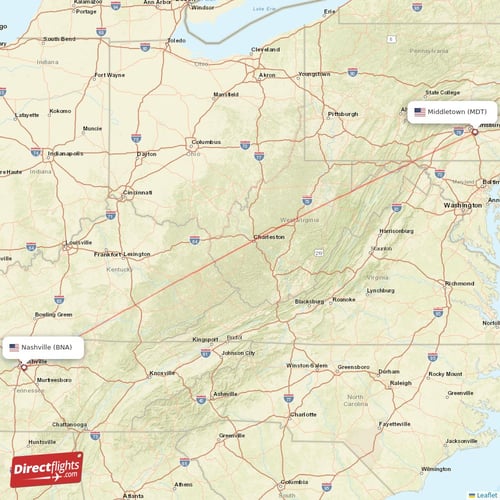 Nashville - Middletown direct flight map
