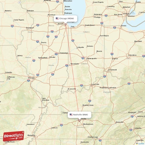 Nashville - Chicago direct flight map