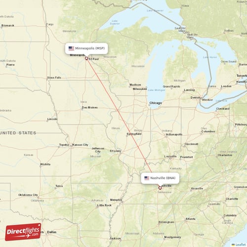 Nashville - Minneapolis direct flight map