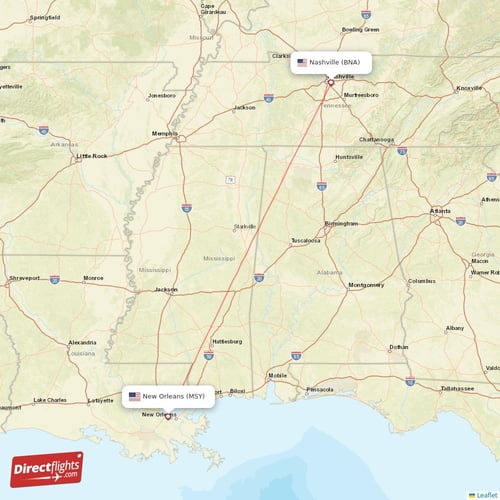Nashville - New Orleans direct flight map