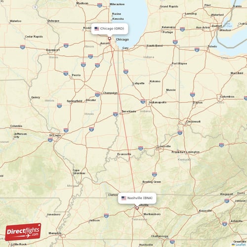 Nashville - Chicago direct flight map