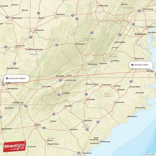 Nashville - Norfolk direct flight map