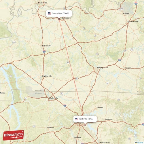 Nashville - Owensboro direct flight map