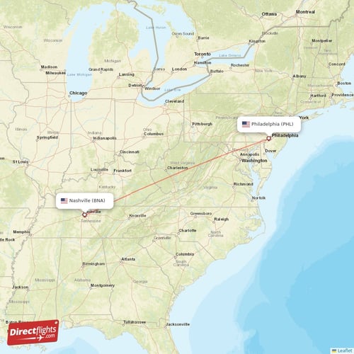 Nashville - Philadelphia direct flight map